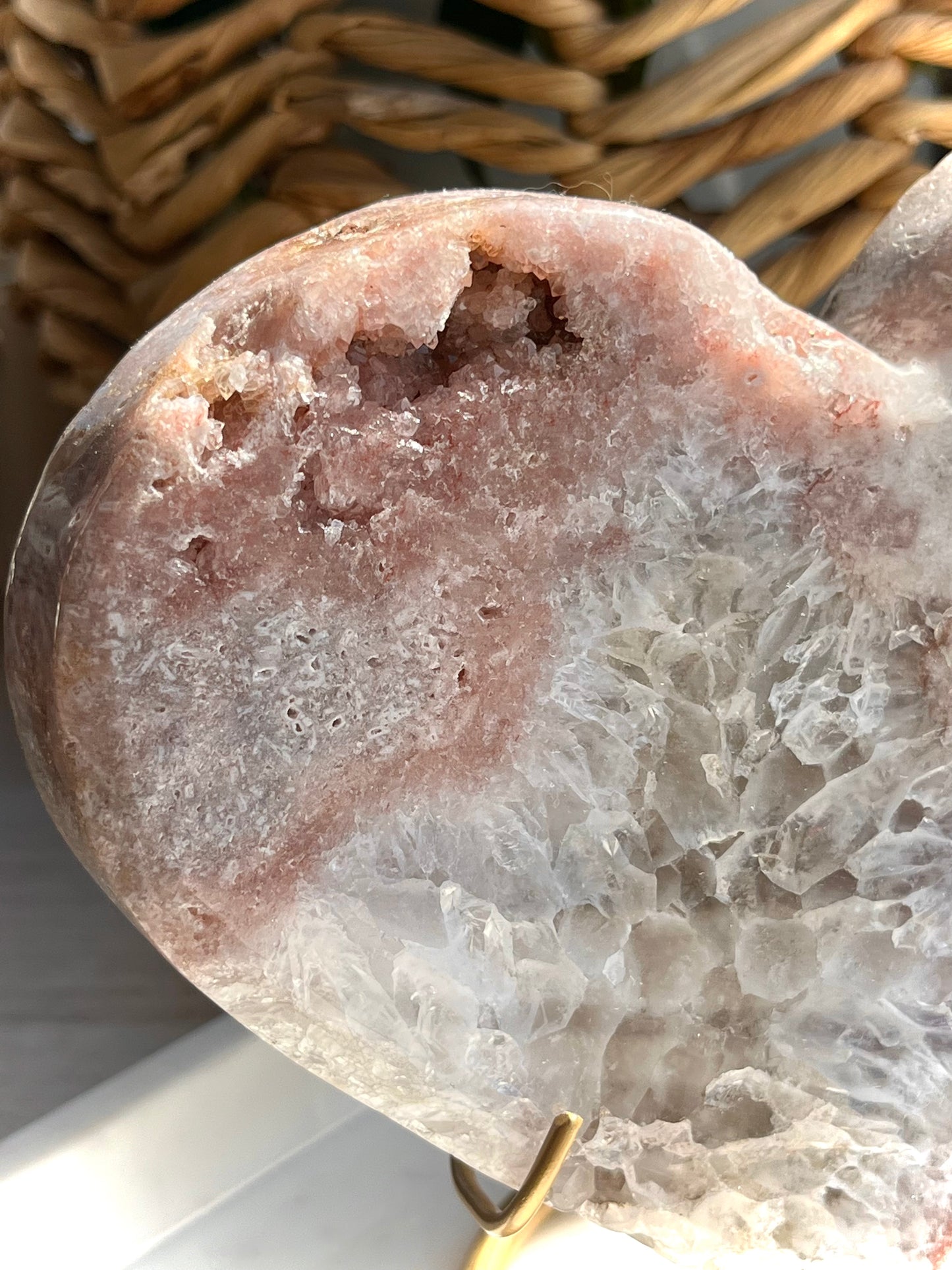 XL Druzy Pink Amethyst w/Quartz Heart Carving on Gold Metal Stand