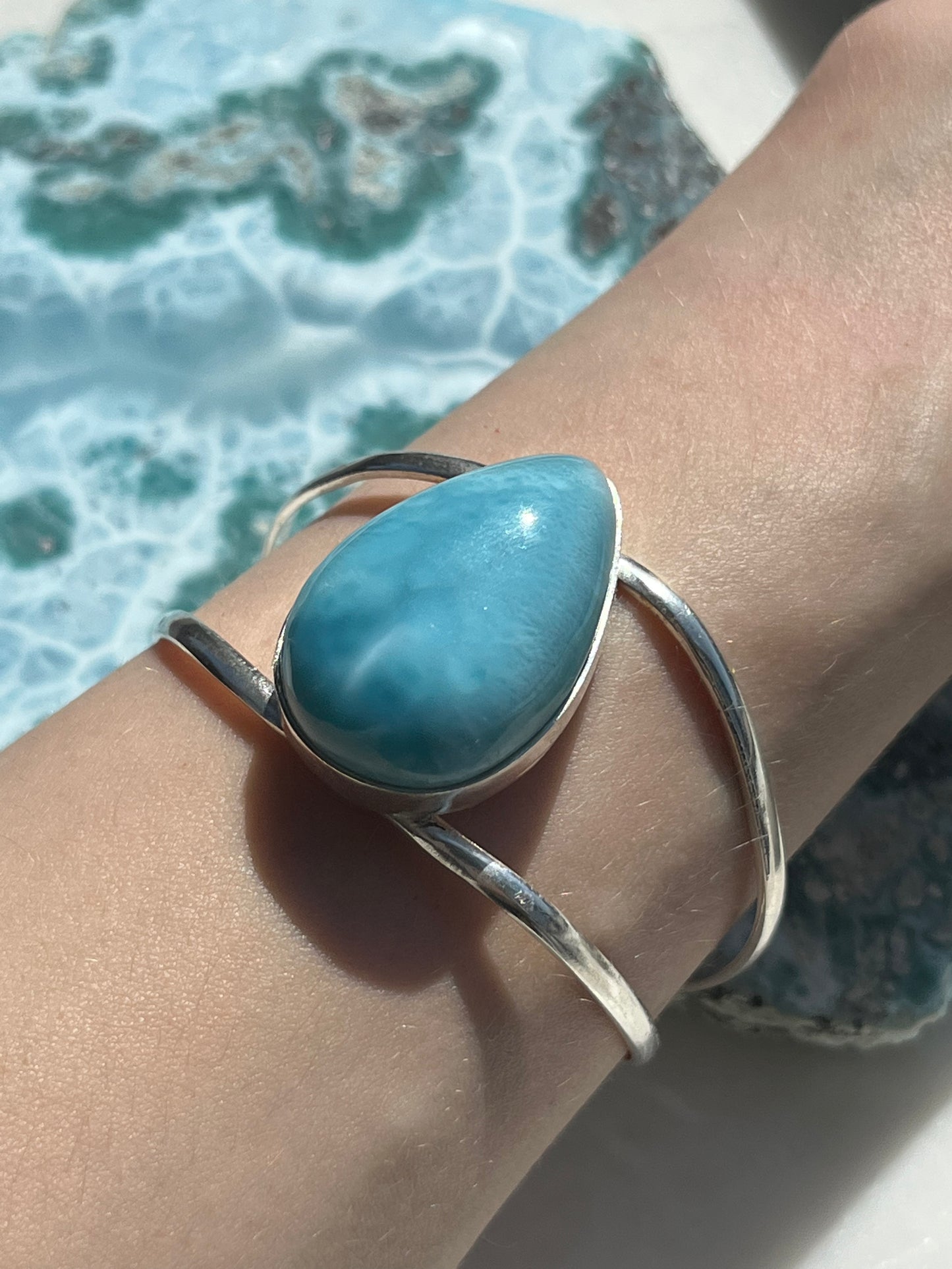 ‘Arielle’ Larimar Teardrop Bangle w/ Adjustable Sterling Silver Wristband